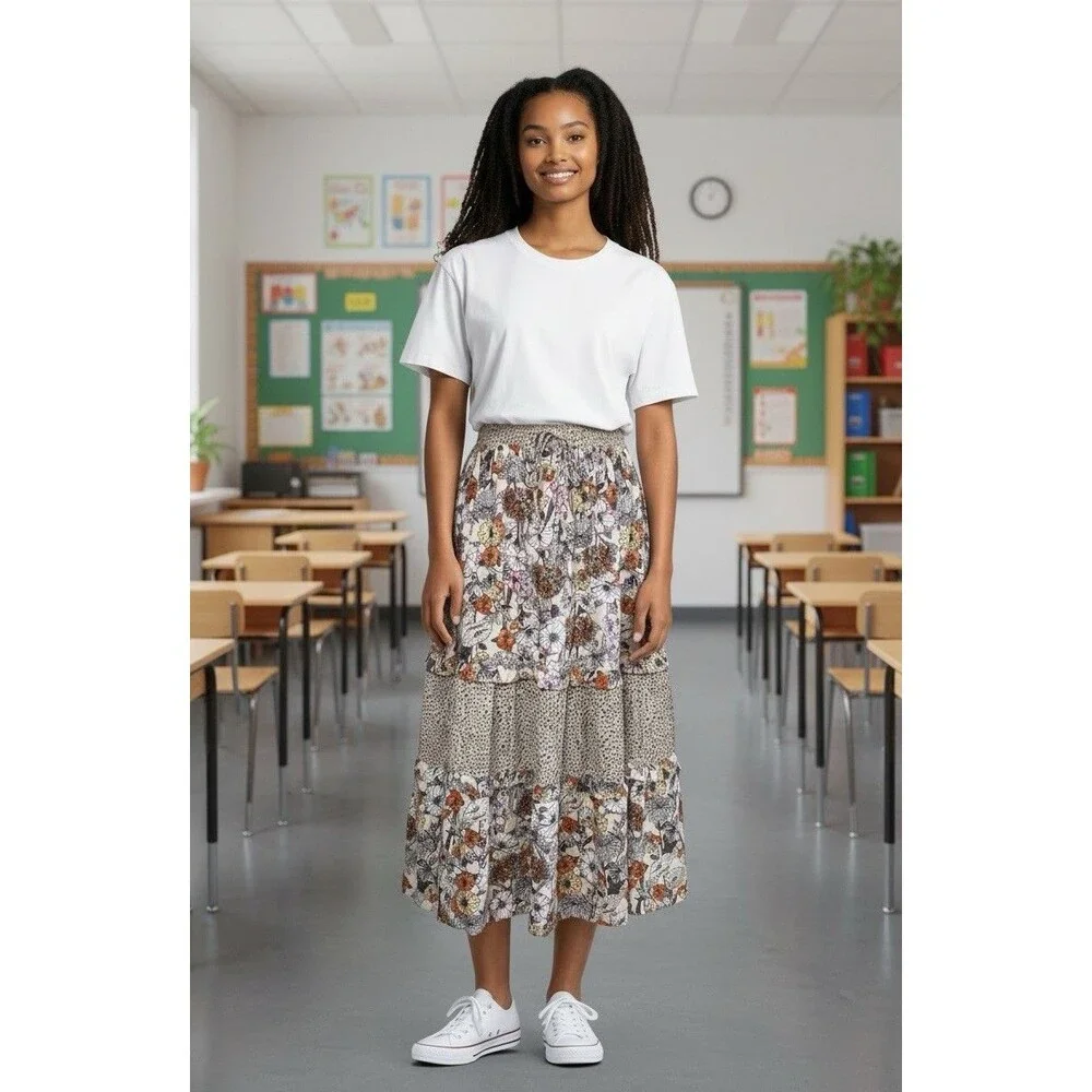 Umgee NEW! tiered floral drawstring elastic waist midi skirt lightweight size M